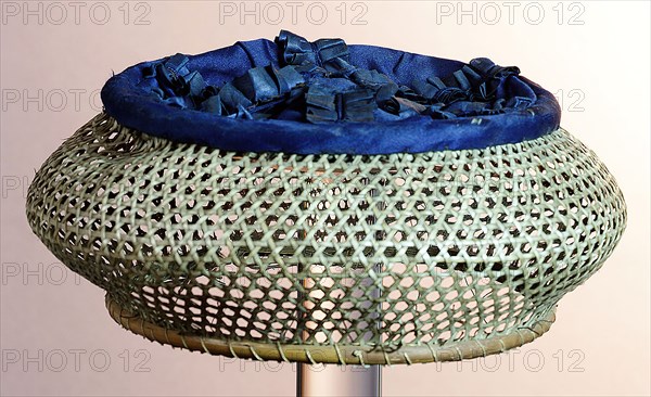 Round children's hat, woven net structure of reeds, topside blue silk with six parts pleated blue ribbon, falcon hat headgear