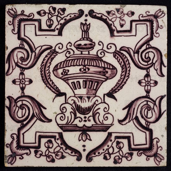 Tile, purple on white, vase with round floral ornaments, framed by régence decoration, wall tile tile sculpture ceramic