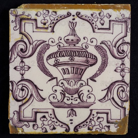 Tile, purple on white, vase with round floral ornaments, framed by régence decoration, wall tile tile sculpture ceramic