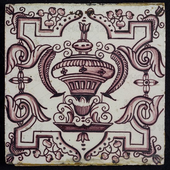 Tile, purple on white, vase with round floral ornaments, framed by régence decoration, wall tile tile sculpture ceramic