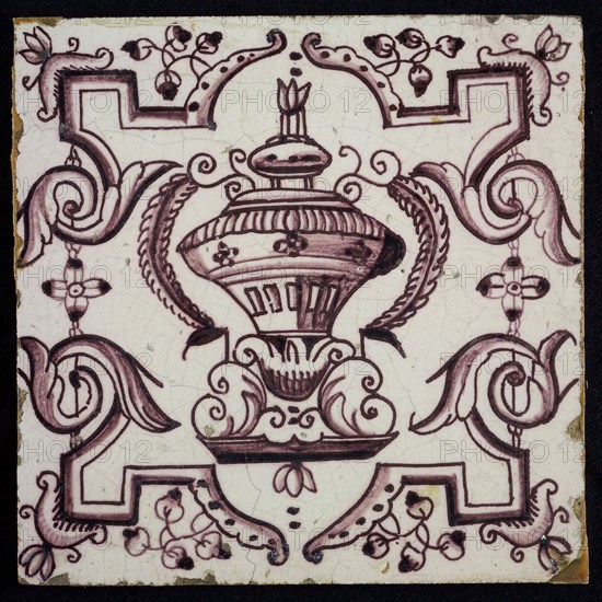 Tile, purple on white, vase with round floral ornaments, framed by régence decoration, wall tile tile sculpture ceramic