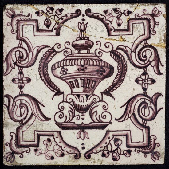 Tile, purple on white, vase with round floral ornaments, framed by régence decoration, wall tile tile sculpture ceramic