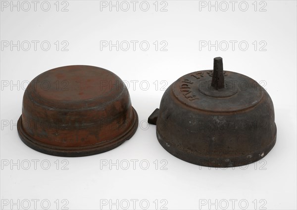 Two-piece bronze mold for bottom of chamber pot with initials HVDP and 1783, mold casting tool tools equipment metal