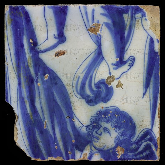 Tile of tableau in blue on white ground with repetitive pattern of angels hanging on garlands, lianas, tile picture footage
