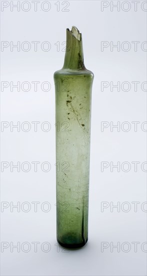 Oblong cylindrical storage bottle, apothecary bottle perfume bottle bottle holder soil find glass, free blown and shaped Oblong
