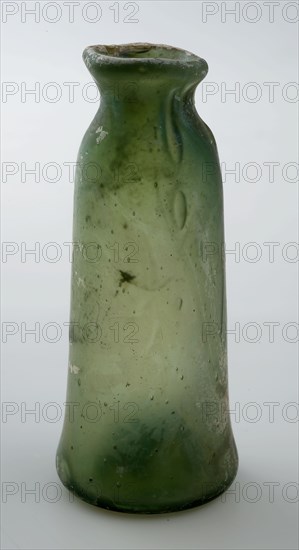 Small conical bottle with raised soul and folded lip, medicine bottle bottle holder soil find glass, free blown Small