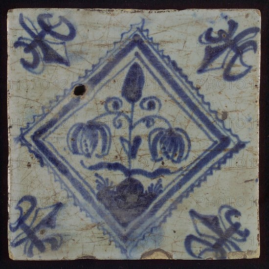 Tile, double flower on spot in blue on white, inside serrated square, corner pattern french lily, wall tile tile sculpture