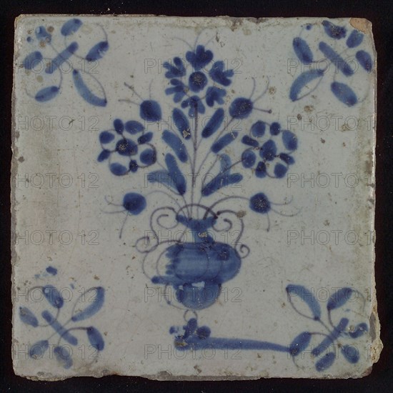 Tile, flowerpot in blue on white, corner motif lily, wall tile tile sculpture ceramic earthenware glaze, baked 2x glazed painted