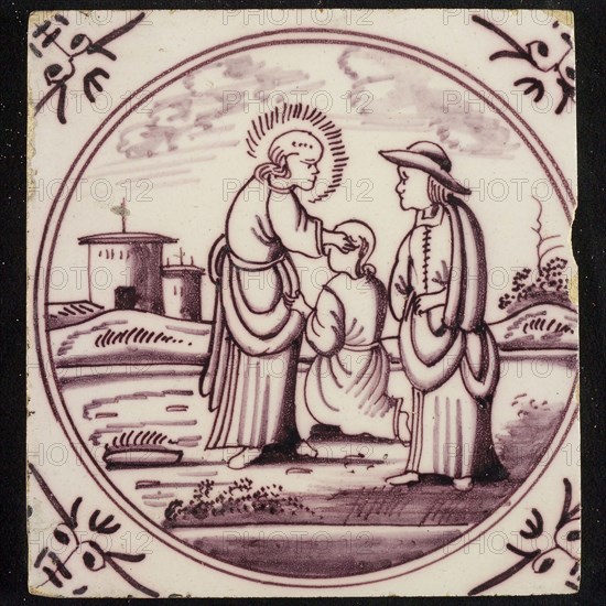 Scene line, Jesus lays the hand on the head of kneeling deaf, corner pattern ox head, wall tile tile sculpture ceramic