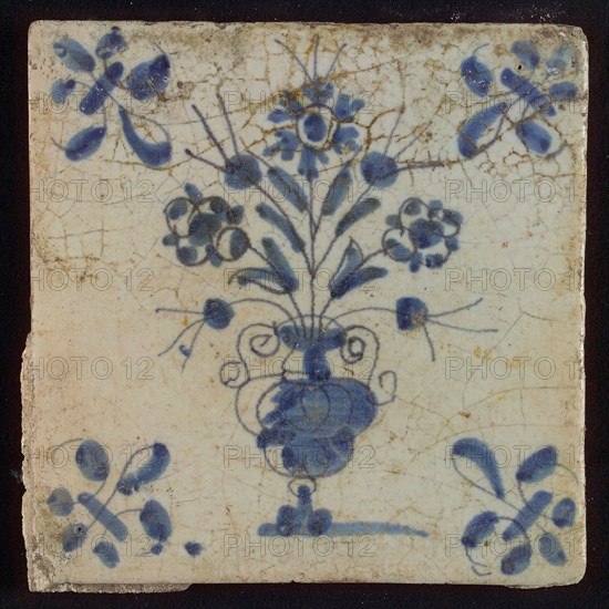 Tile, flower pot in blue on white, corner motif lily, wall tile tile sculpture ceramic earthenware glaze, baked 2x glazed