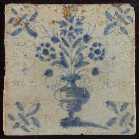 Tile, flowerpot in blue on white, corner pattern lily, wall tile tile sculpture ceramic earthenware glaze, baked 2x glazed