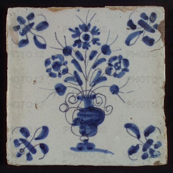 Tile, flowerpot in blue on white, corner motif lily, wall tile tile sculpture ceramic earthenware glaze, baked 2x glazed painted