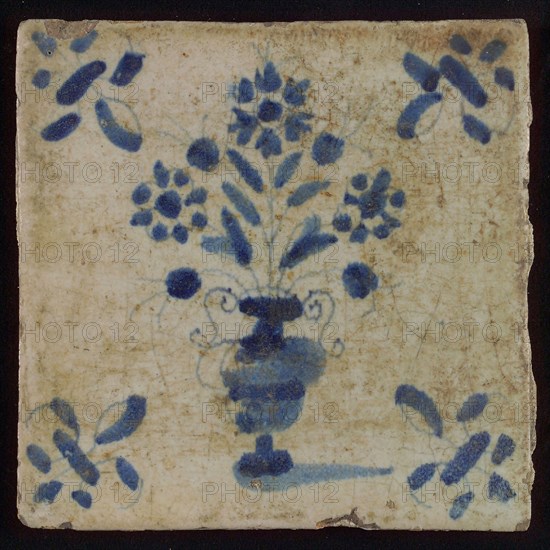 Tile, flowerpot in blue on white, corner motif lily, wall tile tile sculpture ceramic earthenware enamel, baked 2x glazed
