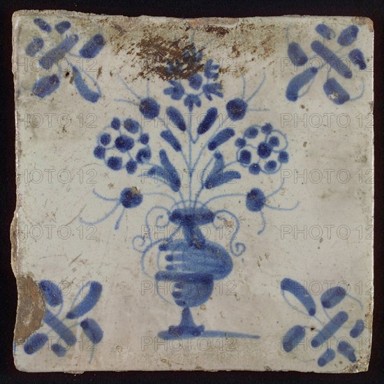 Tile, flowerpot in blue on white, corner motif lily, wall tile tile sculpture ceramic earthenware glaze, baked 2x glazed painted