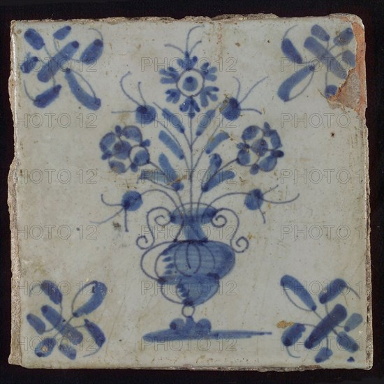Tile, flowerpot in blue on white, corner motif lily, wall tile tile sculpture ceramic earthenware glaze, baked 2x glazed painted