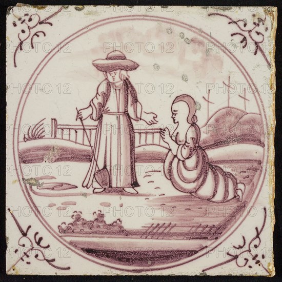 Scene line, Jesus appears as gardener for Mary Magdalene, corner motif ox's head, wall tile tile sculpture ceramic earthenware