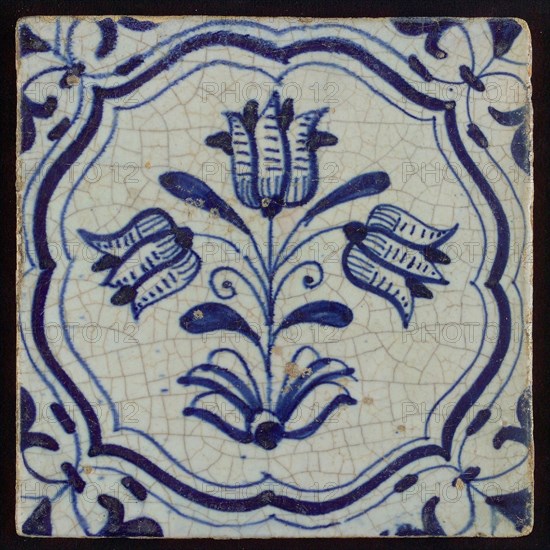 Tile, three-tier in braces in blue on white, corner motif, wing, wall tile tile sculpture ceramic earthenware glaze, baked 2x