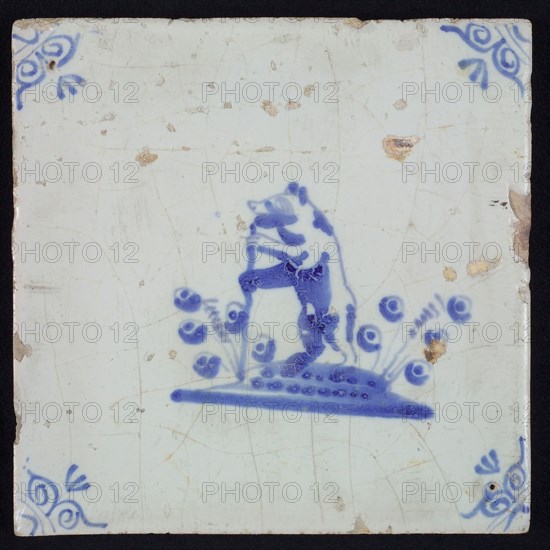 Animal tile, upright bear to the left with branch in the forelegs on ground, in blue on white, corner design ossenkop, wall tile