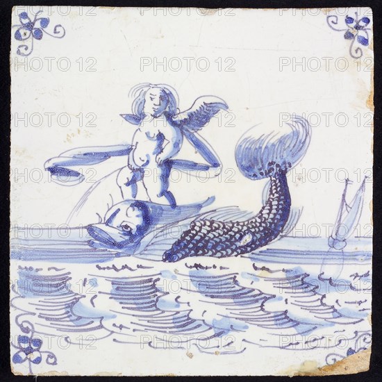 Scene tile, peeing winged Amor on the back of dolphin, corner pattern spider, wall tile tile sculpture ceramic earthenware glaze