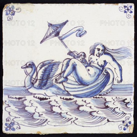 Scene tile, woman on shell pulled by swan, corner motif spider, wall tile tile sculpture ceramic earthenware glaze, baked 2x