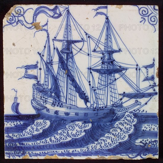 Scene tile, three-master with reefed sails, corner motif of ox's head, wall tile tile sculpture ceramic earthenware glaze, baked