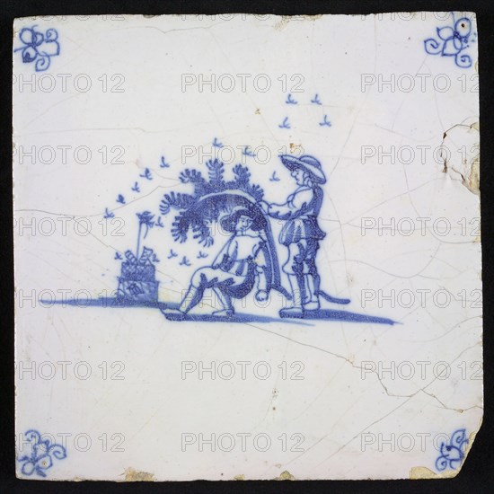 Scene tile, blue, with landscape containing two men and beehive with swarming bees, corner pattern spider, wall tile
