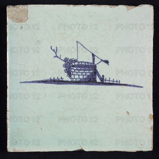 Scene Tile, blue with sketches of landscape with well, no corner motif, wall tile tile sculpture ceramic earthenware glaze