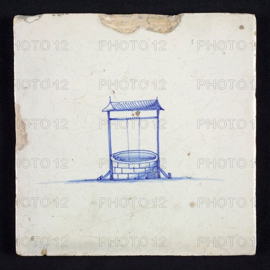 Scene Tile, blue with sketches of landscape with well, no corner motif, wall tile tile sculpture ceramic earthenware glaze