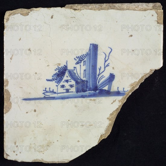 Scene tile, blue with landscape sketch of house with tower, no corner motif, wall tile tile sculpture ceramic earthenware glaze