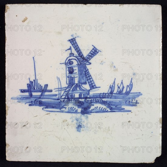 Scene tile, blue with landscape with stand mill, no corner motif, wall tile tile sculpture ceramic earthenware glaze, baked 2x