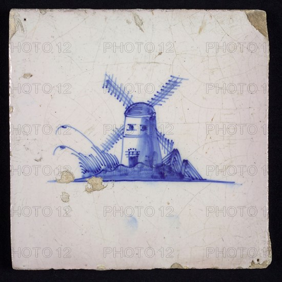 Scene tile, blue with landscape with windmill, no corner motif, wall tile tile sculpture ceramic earthenware glaze, baked 2x