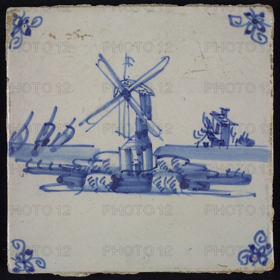 Scene tile, blue with landscape with stand mill, corner motif spider, wall tile tile sculpture ceramic earthenware glaze, baked