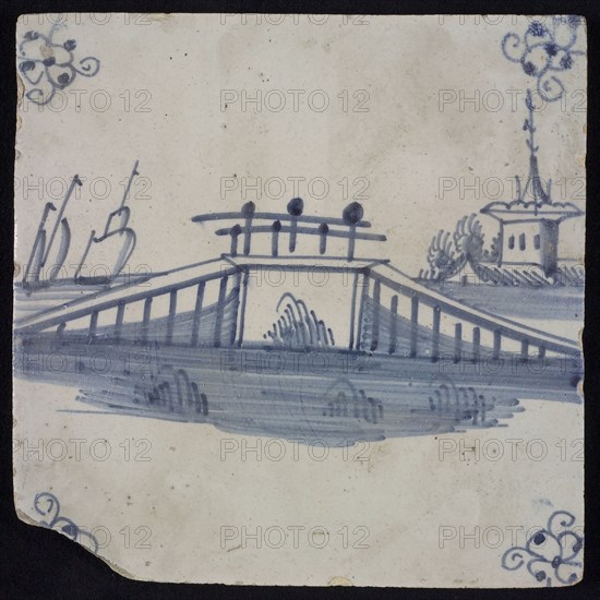 Scene tile, blue with landscape with bridge, corner motif spider, wall tile tile sculpture ceramic earthenware glaze, baked 2x