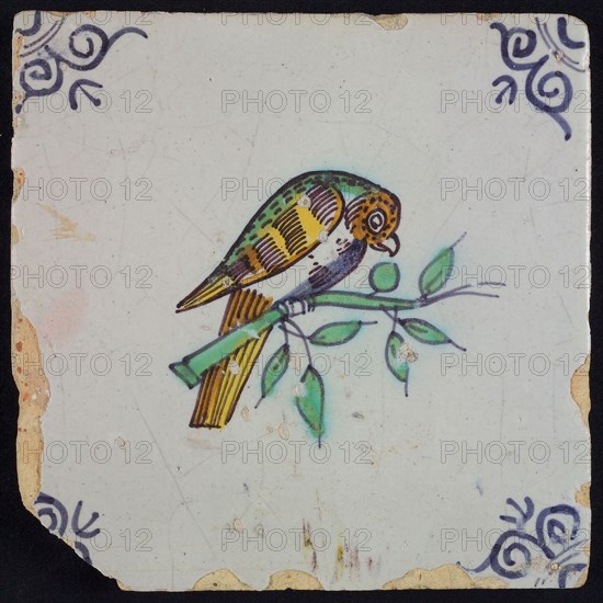 Animal tile, bird on branch to the right in yellow, purple, brown, green and blue on white, corner pattern ox head, wall tile