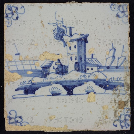 Scene tile, blue with landscape with castle ruin, corner pattern spider, wall tile tile sculpture ceramic earthenware glaze