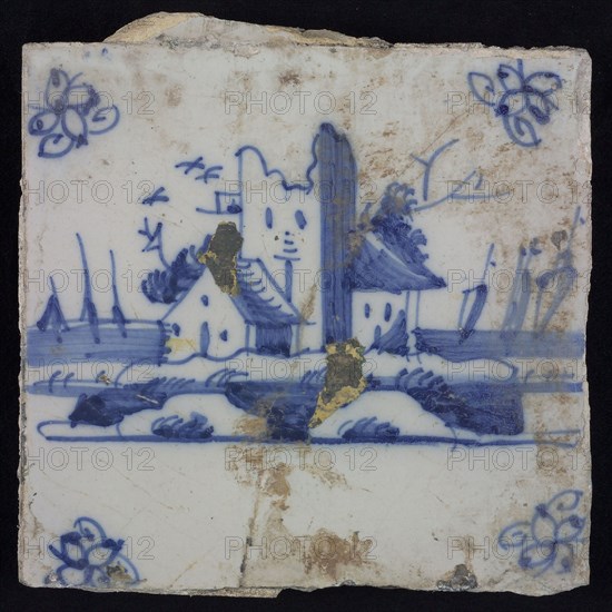 Scene tile, blue with landscape with castle ruin, corner motif spider, wall tile tile sculpture ceramic earthenware glaze, baked