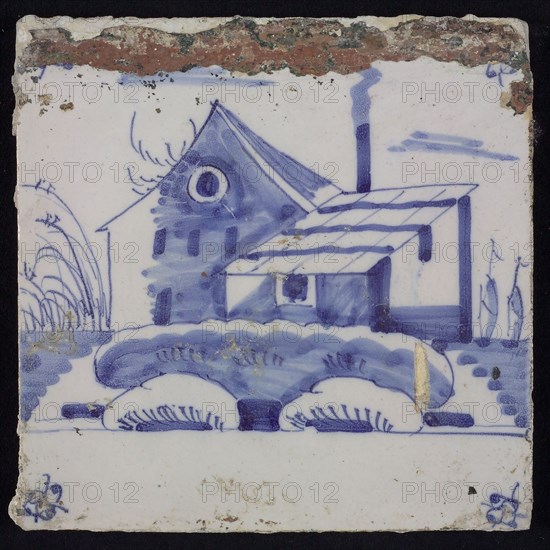 Scene tile, blue with landscape with house with shed, corner motif spider, wall tile tile sculpture ceramic earthenware glaze