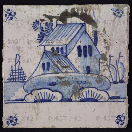 Scene tile, blue with landscape with house with shed, corner pattern spider, wall tile tile sculpture ceramic earthenware glaze