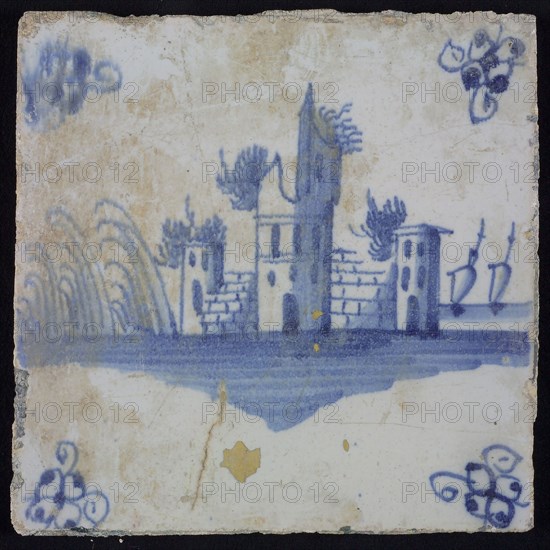 Scene tile, blue with landscape with castle ruin, corner pattern spider, wall tile tile sculpture ceramic earthenware glaze