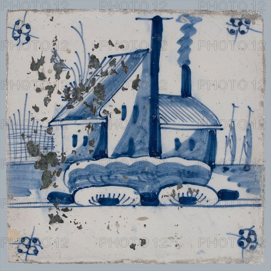 Scene tile, blue with landscape with house and barn with smoking chimney, corner motif spider, wall tile tile sculpture ceramic