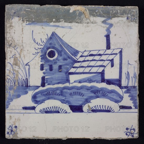 Scene tile, blue with landscape with house and barn, corner motif spider, wall tile tile sculpture ceramic earthenware glaze