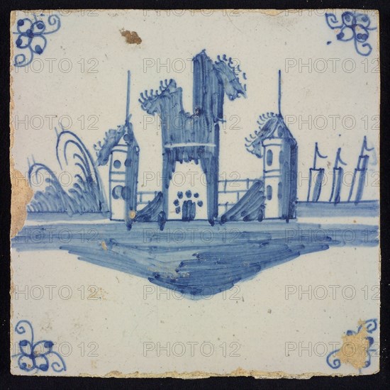 Scene tile, blue with landscape with castle ruin, corner pattern spider, wall tile tile sculpture ceramic earthenware glaze