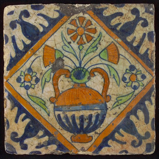 Flower tile, flowerpot in square, corner pattern palmet, wall tile tile sculpture ceramic earthenware glaze, baked 2x glazed