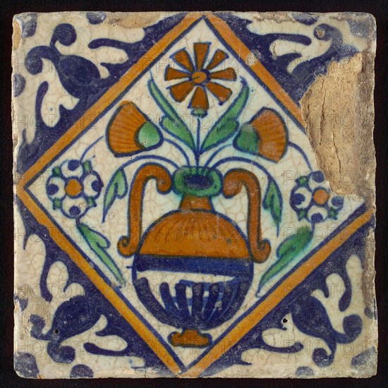 Flower tile, flowerpot in square, corner pattern palmet, wall tile tile sculpture ceramic earthenware glaze, baked 2x glazed