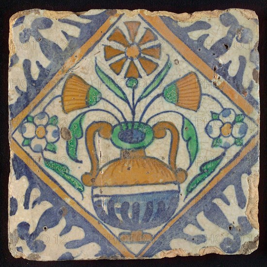 Flower tile, flowerpot in square, corner pattern palmet, wall tile tile sculpture ceramic earthenware glaze, baked 2x glazed