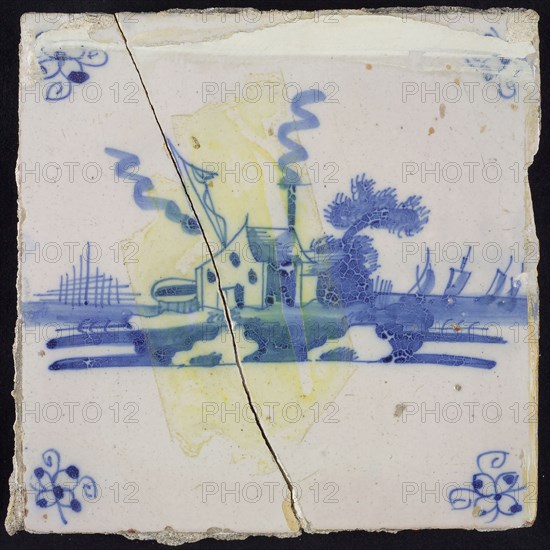 Scene tile, blue with landscape with house with fire beacon, corner motif spider, wall tile tile sculpture ceramics pottery