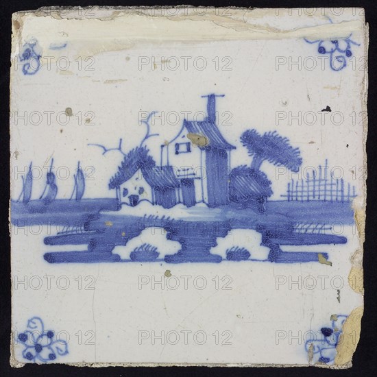 Scene tile, blue with landscape with houses, corner motif spider, wall tile tile footage ceramic earthenware glaze, baked 2x