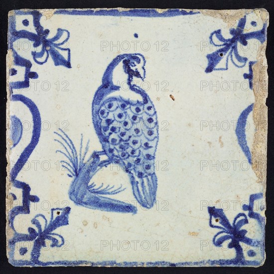 Animal tile, bird, parrot or pheasant on the back seen on branch on ground between balusters in blue on white, corner pattern