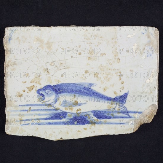 Animal tile, unknown fish in water to the left, in blue on white, corner motif of ox's head, wall tile tile sculpture ceramic