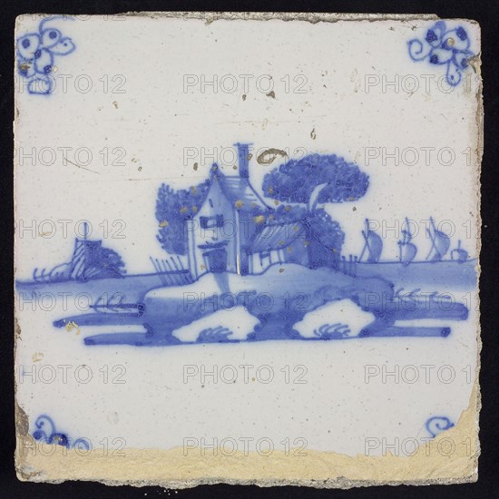 Scene tile, blue with landscape with houses, corner motif spider, wall tile tile footage ceramic earthenware glaze, baked 2x